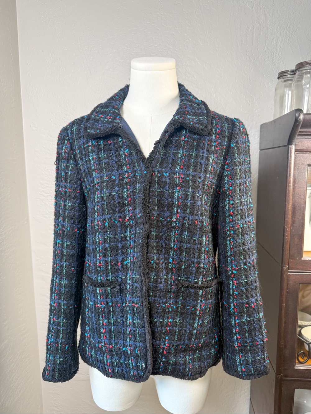 Ann Taylor Bouclé Tweed Jacket Blazer Black Multi Color Plaid Size 8